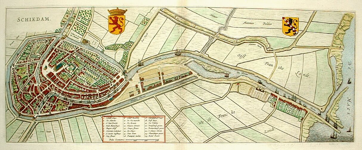 Stadsplattegrond van Schiedam met opstanden van gebouwen en huizen door Joan Blaeu (1598/99 – 1673)