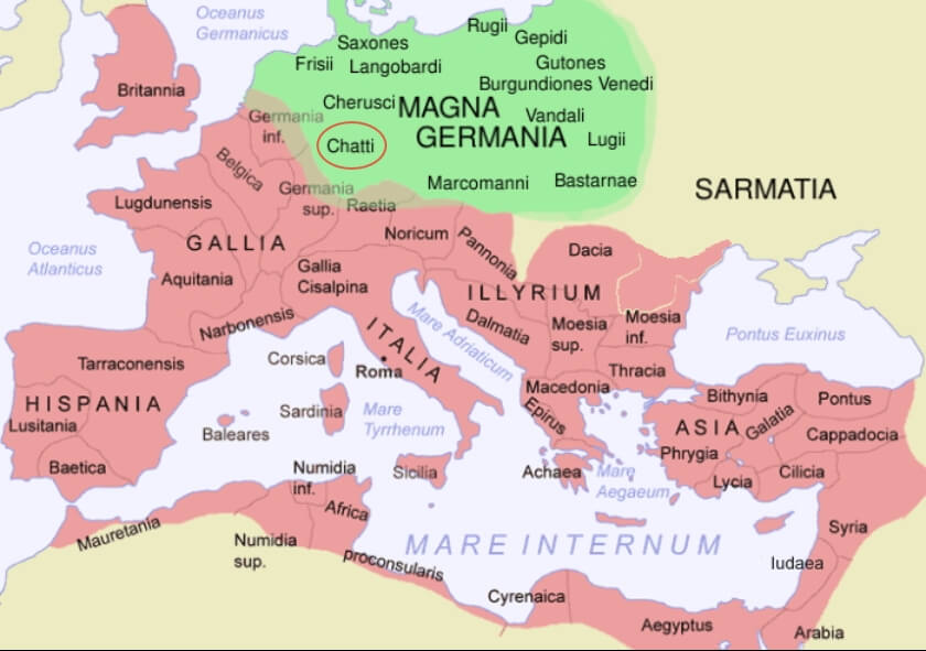 Germania Magna ('Groot-Germanië') in 116 met de toen belangrijkste stammen.