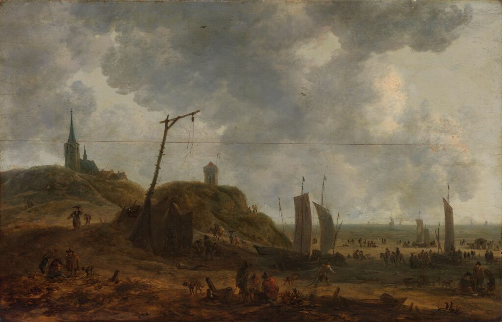 Strand te Katwijk met op de achtergrond de Andreaskerk, Adriaen van der Kabel, 1650 - 1670. Bron; Rijksmuseum